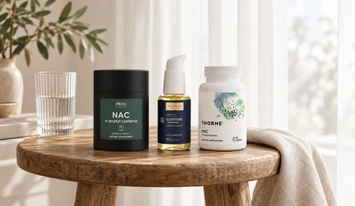NAC og glutathione-tilskudd i et lyst, behagelig miljø.