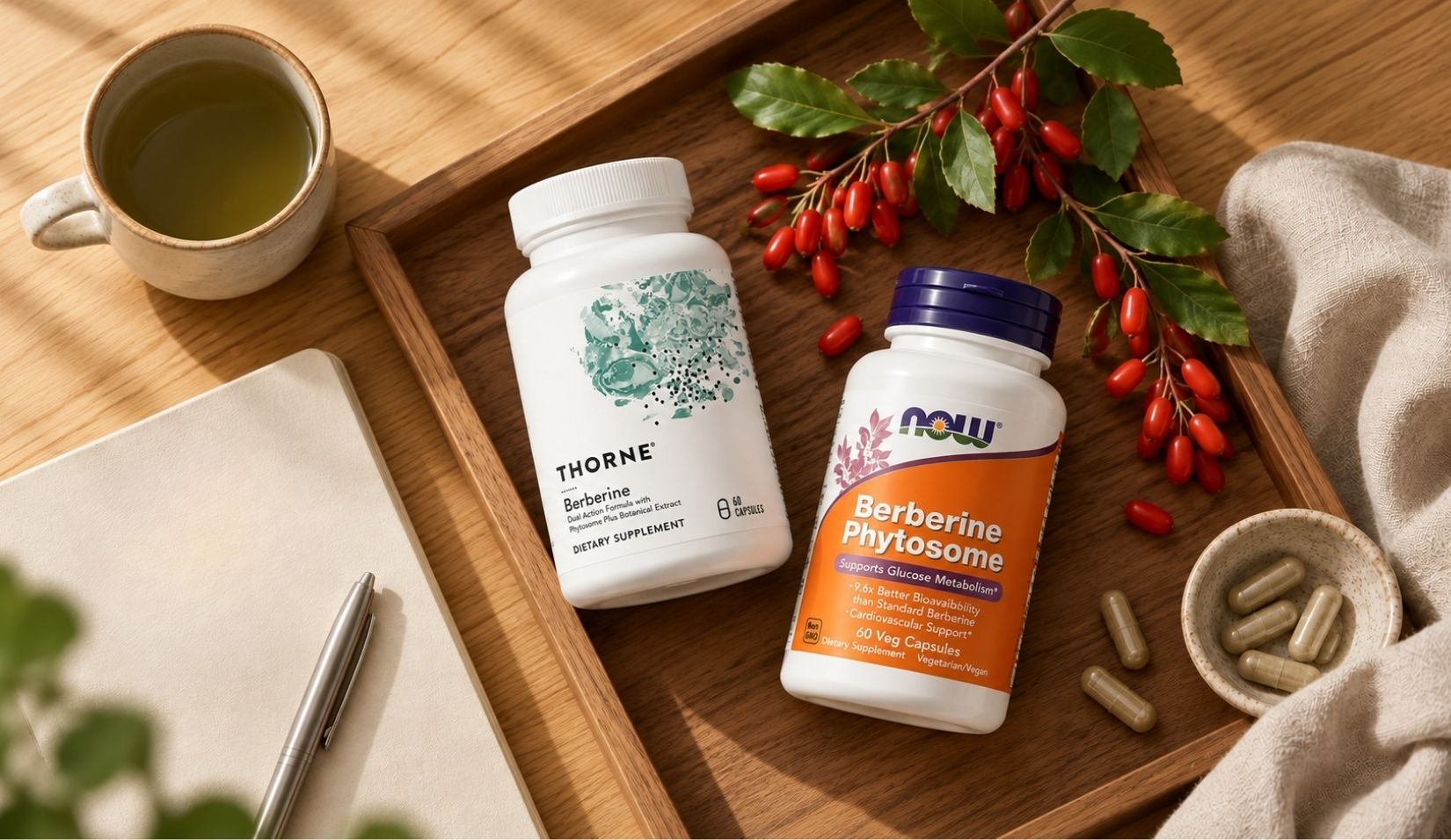 Thorne Berberine og NOW Foods Berberine kosttilskudd på eikebord ved siden av en kopp te