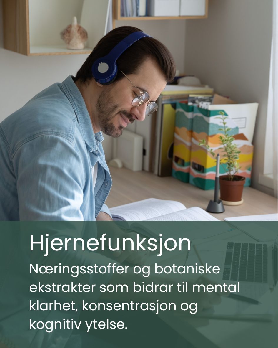 Næringsstoffer og botaniske ekstrakter som bidrar til mental klarhet, konsentrasjon og kognitiv ytelse